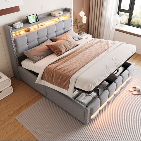 Lit coffre 160x200 LED USB tête de lit gris HAVRYA (1/5)
