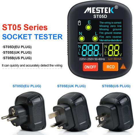 Jeffergarden Testeur de prise numérique portable 30-250 V, détecteur de tension RCD, outil de vérification de polarité de terre et de phase avec écran couleur (1/5)