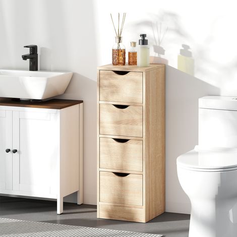 Mobile Bagno Salvaspazio con 4 Cassetti e Maniglie Intagliate Stile Nordico, 29x29x83 cm, Legno Naturale