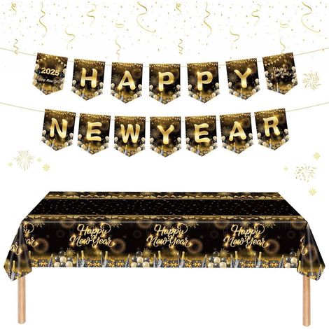 Tischdecke Silvester & Banner, Frohes Neues Jahr Deko Schwarz Gold 137x274cm