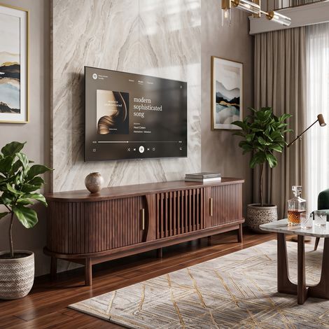 Creahappy Meuble TV Bas 165x39,5x46 cm - Rangement pour TV jusqu'à 65 Pouces - Style Vintage Portes Coulissantes & Battante - Marron (1/5)