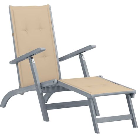 Chaise longue d'extérieur repose-pied et coussin Acacia solide