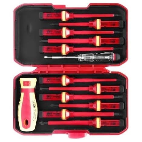 13 Pièces Set Tournevis Électricien VDE, Outils Isolation Magnétique, Testeur Aimanté, Design Isolé, avec Étui de Rangement - (1/5)