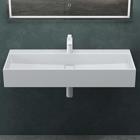 Mai & Mai Lavabo Suspendu Vasque à Poser Blanc Mat 100x40x14cm Évier Lave Mains Salle de Bain avec Cache Bonde Col6028