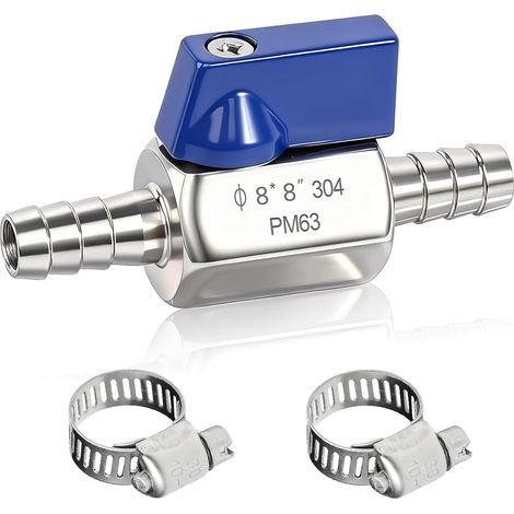 Robinet à boisseau sphérique en acier inoxydable 8 mm - Mini vanne d'arrêt à rotule en acier inoxydable 304 - Mini robinet d'arrêt à bille avec 2 colliers de serrage pour eau, gaz, huile et (1/5)