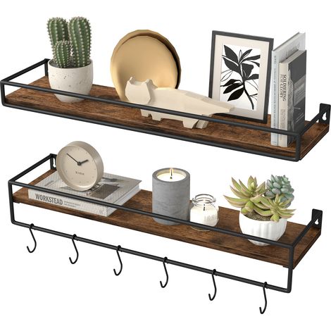 Lot de 2 Étagères Murales, Tablettes Suspendues avec Tringle, Rangements Flottants, Cuisine, Chambre, Salon, Marron Rustique et Noir d'Encre (1/5)