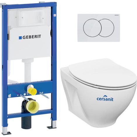 Pack WC Bâti-support Geberit 112 cm + Cuvette sans bride Cersanit + Abattant SoftClose + Plaque blanche (MODUOGEB1)