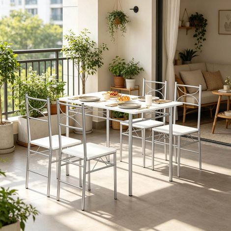 5-teiliges Esszimmer-Set mit Tisch und 4 Stühlen, MDF und Metall, Weiß/Silber HAVRYA (1/5)