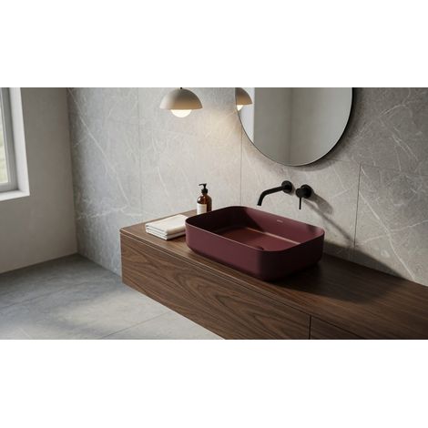 Lavabo rettangolare da appoggio senza troppo pieno in ceramica senza foro rubinetto - Bordeaux Opaco
