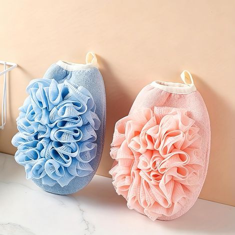 Doppelseitige Peeling-Duschhandschuhe (2er-Set), geeignet für Peeling, Spa, Massage und tägliches Duschen hergestellt aus feinem Luffa-/Duschschwammgewebe, mit elastischen Bündchen und Aufhängeschlauf (1/5)