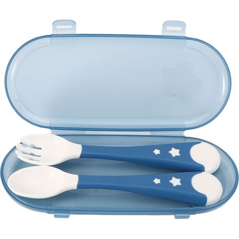 2 Pièces Fourchette et Cuillère Bébé Anti-Dérapant, Ustensiles de Nourriture Portable pour Enfant (Bleu) (1/5)