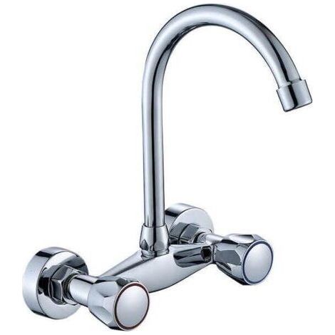 Wandmontierte Küchenarmatur für Spüle, Waschmaschine und Waschbecken mit zwei Griffen und Strahlregler zur Wassereinsparung. Chrom.