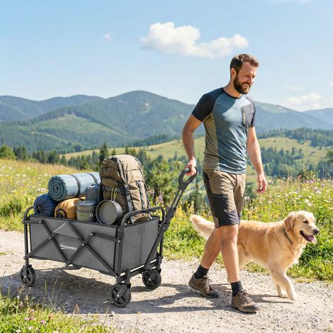 Chariot de Jardin Charrette de Transport Pliable Tout-Terrain 66L Charge 68kg Poignée Réglable 81 x 45 x 89 cm Gris