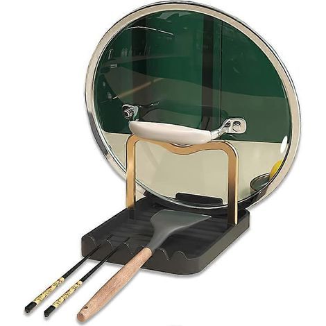 Löffelablage mit Deckelhalter, Küchenutensilienablage mit tropffester Unterlage, Ablage für Schöpfkellen, Zangen und Pfannenwender (schwarz und gold) (1/5)