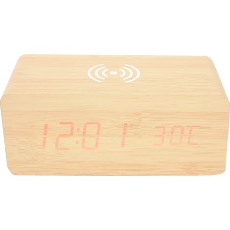 Réveil en bois, téléphone portable, chargement sans fil, commande vocale, multifonction, lumière rouge. (1/5)