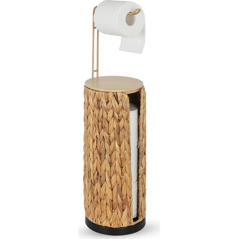 Distributeur de Papier Toilette Autonome Rangement avec Étagère, Porte-Papier de Salle de Bains Debout, Rangement de Papier Toilette en Rotin Boho, Support de Papier Toilette en Jacinthe d'eau (1/5)