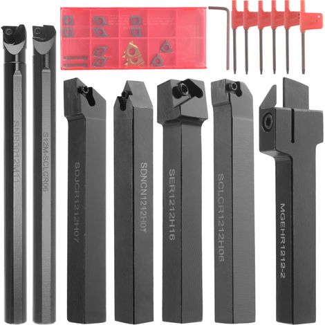 1/2" 12 mm Drehwerkzeugsatz (28-teilig), 7 Werkzeughalter, 7 Hartmetalleinsätze, 7 Schraubenschlüssel zum Drehen, Einstechen, Bohren, Gewindeschneiden und Schneiden.