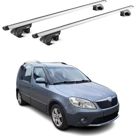 OMAC Dachträger Aluminium TÜV geprüft für Skoda Roomster / Praktik / Scout 2006-2015 – Für Standard Dachreling – T Nut – Max 90 kg – 2 Schlösser Silber (1/5)