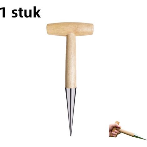 Perforatrice da giardino a forma di T, monoblocco, ideale per concimare, piantare, seminare ortaggi, trapiantare e trapiantare. Manico in legno color argento. (1/5)