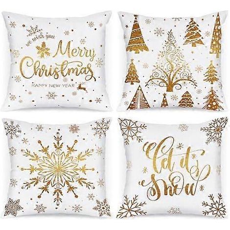 Lot de 4 housses de coussin de Noël blanches et dorées Lanpn (60 x 60 cm), housses de coussin décoratives grises à motif flocons de neige (24 x 24 cm) pour la chambre à coucher. (1/4)