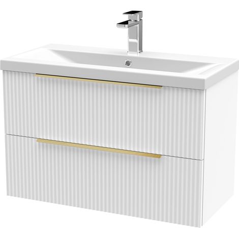 Fluted Front Wall Hung 2-Drawer Bathroom Vanity Unit with 1 Tap Hole Basin, 800mm, Satin White, Brushed Brass Handles