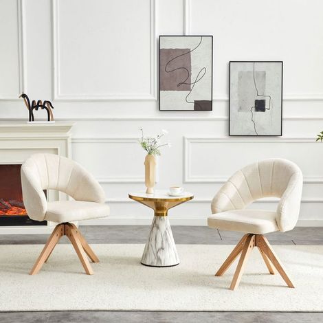 Lot de chaises 2 pièces chaise repas rotation 360° tissu texturé blanc pieds en bois massif dossier arrondi enveloppant style rétro (1/5)