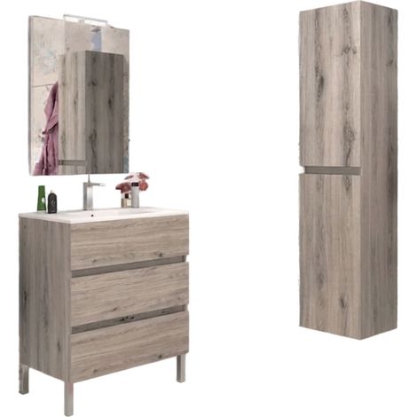 Mobile da Bagno a Terra con Lavabo 80 cm e Specchio Bali Light Rovere Naturale (1/2)