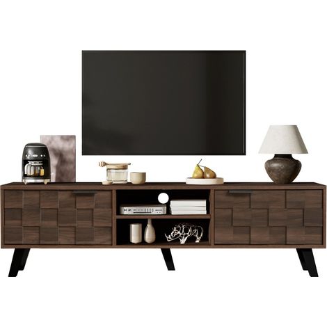 Meuble TV moderne 2 portes-2 niches ouvertes-bois foncé-design épuré-160,5x35,5x45cm (1/5)
