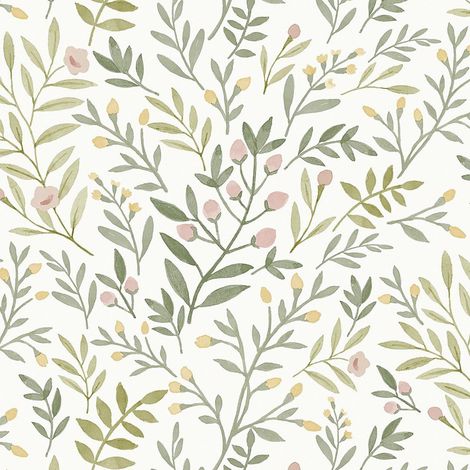 Grandeco Inia Leafy Trail Sage Pink Scrubbable Paste The Wall Wallpaper Vinyl (1/4)