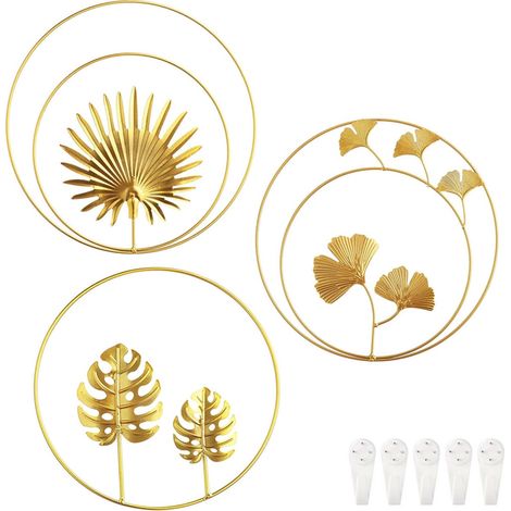 Gingko Biloba Lot de 3 décorations murales à suspendre en métal doré en forme de feuilles rondes pour salon, chambre de fille, décoration murale d'intérieur (1/5)