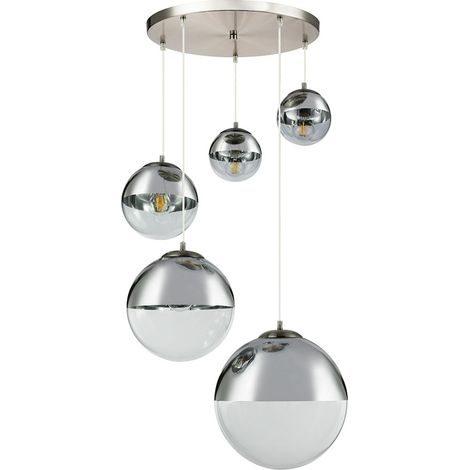 Lampe suspendue salle à manger lampe de table à manger moderne boules de verre 5 boules de flamme lampe verre grand, nickel chrome clair mat, 5x E27, DxH 65x150 cm (1/5)