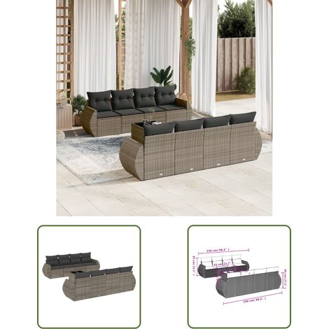 The Living Store 9-tlg. Garten-Sofagarnitur mit Kissen Grau Poly Rattan - Gartenmöbel Set - PE-Rattan Möbel - Outdoor Lounge - Gartenlounge - Esstisch Set
