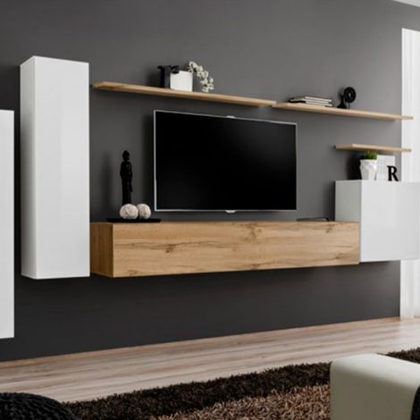 Meuble TV Mural Design "Switch I" 330cm Blanc & Naturel (1/4)