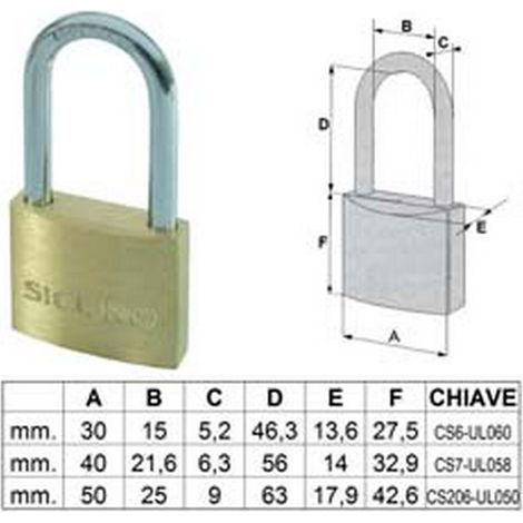 6PZ LUCCHETTO OTTONE ARCO LUNGO - mm.40