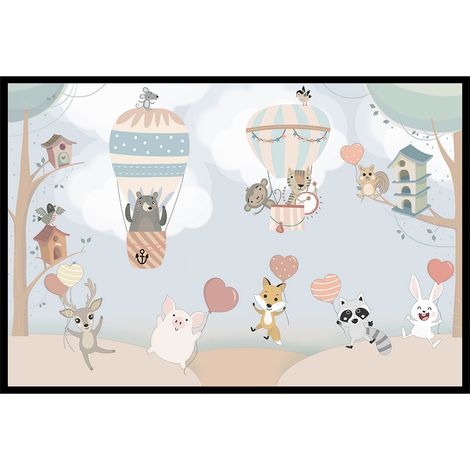 Affiche encadrée animaux et montgolfières enfant