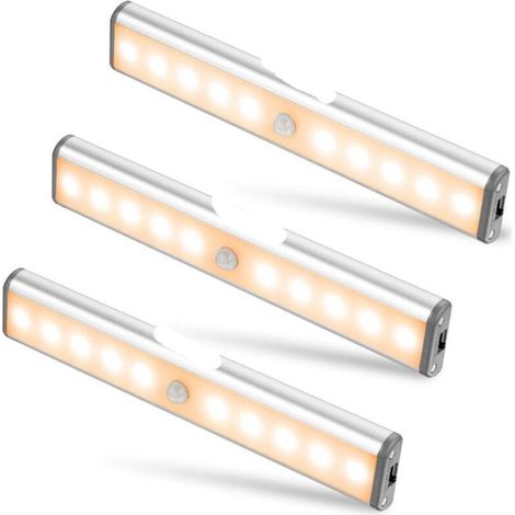 Éclairage d'armoire à détecteur de mouvement, éclairage sous-meuble sans fil à 10 LED avec batterie rechargeable intégrée, veilleuse magnétique autocollante pour armoires de cuisine (1/5)