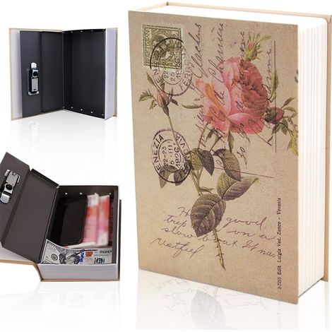 Coffre-fort pour livres avec serrure à combinaison, coffre-fort en forme de livre pour argent, clés et objets de valeur (style quotidien de roses) (1/5)