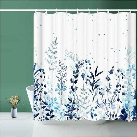 Duschvorhang aus botanisch-blauem Stoff, wasserdicht, inklusive 12 Haken, wasserabweisendes Futter, Badezimmerdekoration, 183 x 183 cm (1/4)