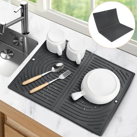 Tapis égouttoir noir, 43 x 34 cm, pliable, résistant à la chaleur, universel, en silicone antidérapant pour une utilisation en cuisine. (1/5)