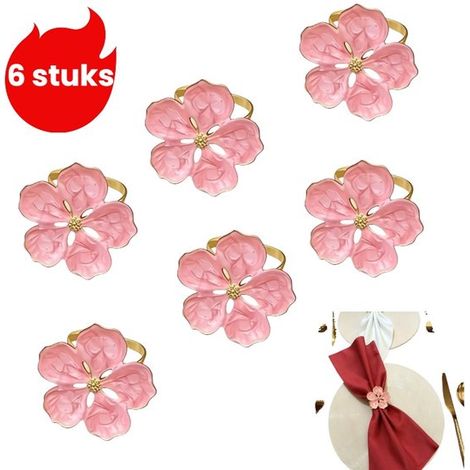 Rond de serviette lot de 6 - Rond de serviette pour table à manger - Rond de serviette motif floral - Rose (1/3)