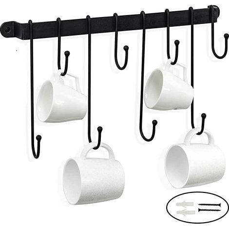 Porte Casseroles Mural de Suspension 40CM avec 8 Crochets, Adhésif Fort Barre Cuisine Ustensiles étagère, pour Casserole, Pot, Couvercles, Ustensiles de Cuisine, Noir (1/5)