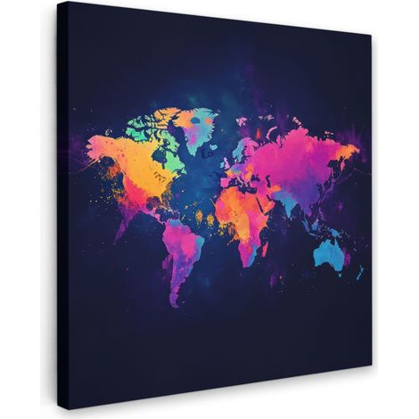 TABLEAU SUR TOILE Carte du monde - Coloré - Graffiti Tableau Chambre Adulte 90x90 cm