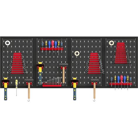 Panneau perforé mural 60 × 40 cm, lot de 4 – Organiseur de garage en acier, charge jusqu’à 55 kg, kit 38 pièces, noir et rouge (1/4)