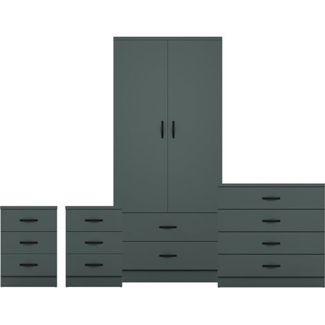 Riano 4 Piece Bedroom Set (3 Drw Bedside Chest, 4 Drw Chest, 2 Door 2 Drw Wardrobe), Green (1/3)