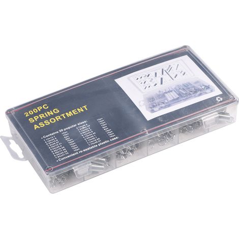 Ensemble de 200 ressorts de tension et de compression, 200 pièces dans une boîte en plastique PP transparent, 20 tailles différentes par boîte. (1/5)