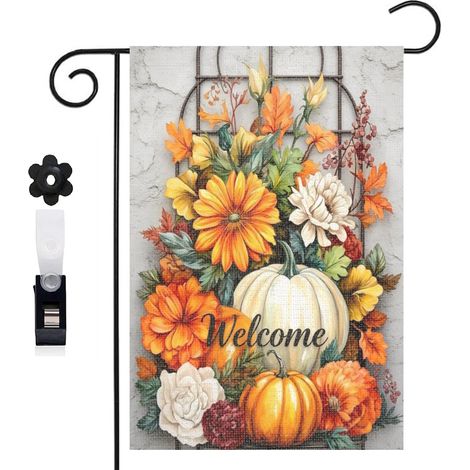 Drapeau vertical ambiance automnale et citrouilles blanches 30 x 45 cm décoration saisonnière cour (1/5)