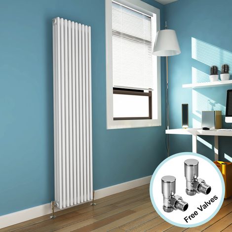 ELEGANT 1800 x 470 mm Traditional Radiator Cast Iron Style Radiator White Triple Vertical Column Radiators + Angled Radiator Valves (1/5)
