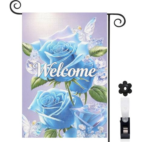 Drapeau de jardin papillons et roses bleues avec cristaux 30 x 45 cm décoration terrasse et extérieur (1/4)