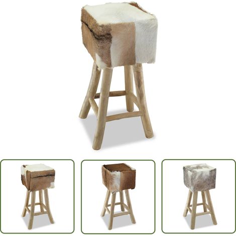 The Living Store Tabouret de bar Cuir véritable et bois de teck solide - Tabouret De Bar - Chaise De Bar - Fauteuil De Bar - Mobilier De Cuisine - Décoration Intérieure (1/5)