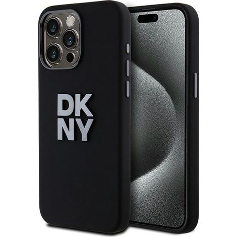Coque iPhone 15 Pro Max dkny en silicone liquide avec logo métallique noir (1/5)